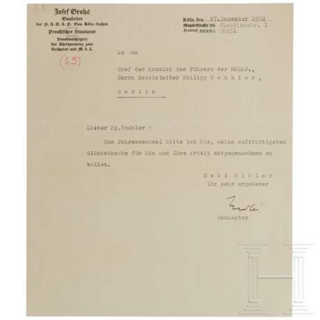 Gauleiter Josef GrohÃ© - signierter Brief an Philipp Bouhler, 1934 - photo 1