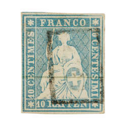 Switzerland - 1854/63, 10 centimes vivid Prussian blue, seated Helvetia, imperforated, Munich printing, on thin Munich paper,