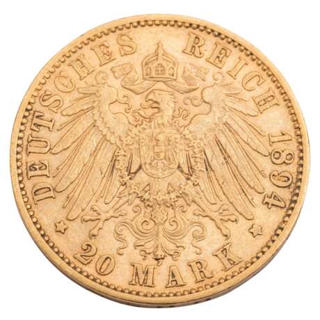 German Empire /GOLD - Saxony King Albert 20 Mark 1894-E - photo 2