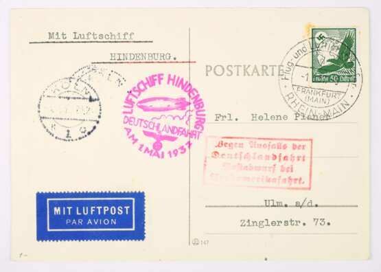 Postkarte Luftschiff Hindenburg LZ 129, Absage Deutschlandfahrt 1. Mai 1937 - photo 1