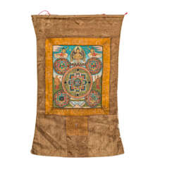 Three thangkas in fabric mount. TIBET, 19th/20th century:
