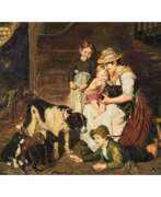 Karl Richter. RICHTER, K. (painter/ 20th c.), "Young mother with children at the puppies",