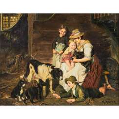 RICHTER, K. (painter/ 20th c.), "Young mother with children at the puppies",