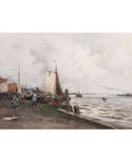 Eugen Kampf. KAMPF, EUGEN (1861-1933), "Fishermen and women in the boat harbor in front of the village",