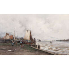 KAMPF, EUGEN (1861-1933), "Fishermen and women in the boat harbor in front of the village",