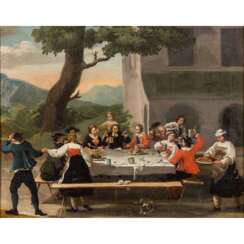 PAINTER/IN 17th/18th c. "Festive, dining company in front of a palace in a wide landscape",