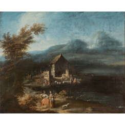 PAINTER/IN 18th century, "Rural scene with house on the water and figures",