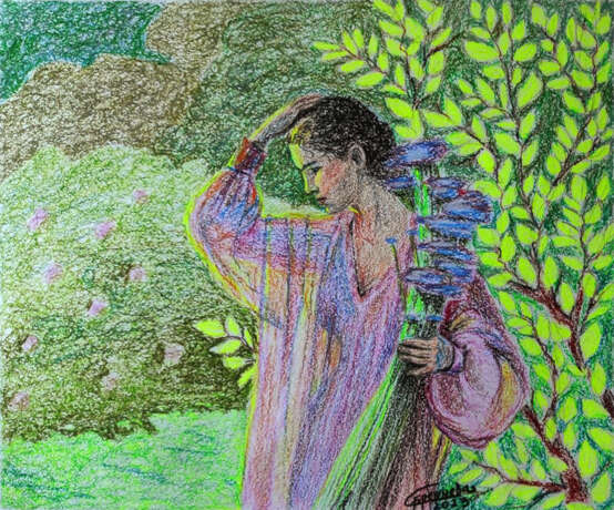 Прогулка в саду бумага таршон Импрессионистическая техника Романский стиль цветная графика Узбекистан 2023 г. - фото 1