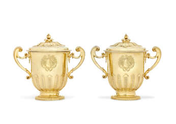 A PAIR OF QUEEN ANNE SILVER-GILT CUPS AND COVERS FROM THE GORGES PLATE