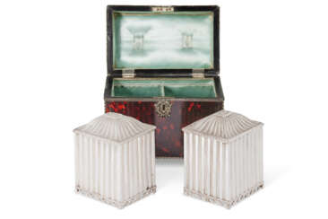 A PAIR OF GEORGE III SILVER TEA CADDIES IN SILVER-MOUNTED TORTOISESHELL CASE