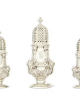 A SET OF THREE GEORGE II SILVER CASTERS