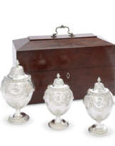 A PAIR OF GEORGE III SILVER TEA CADDIES AND MATCHING SUGAR VASE IN MAHOGANY CASE