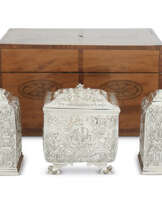 A SET OF GEORGE II SILVER TEA CADDIES IN SATINWOOD CASE