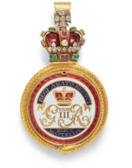A GEORGE III JEWELLED AND ENAMEL GOLD &#39;RECOVERY FROM ILLNESS&#39; MEDALLION CONVERTED INTO A LOCKET PENDANT