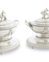 A PAIR OF GEORGE III SILVER SOUP TUREENS, COVERS, LINERS AND STANDS
