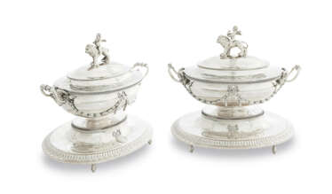 A PAIR OF GEORGE III SILVER SOUP TUREENS, COVERS, LINERS AND STANDS