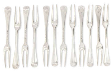A SET OF TWELVE GEORGE II SILVER TWO-PRONGED TABLE FORKS