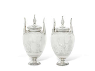 A PAIR OF GEORGE III SILVER CONDIMENT URNS