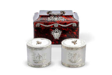 A PAIR OF GEORGE III SILVER TEA CADDIES IN SILVER-MOUNTED TORTOISE SHELL CASE