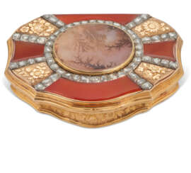 A GEORGE II JEWELLED GOLD AND HARDSTONE SNUFF-BOX