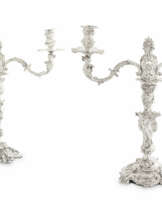 A PAIR OF GEORGE II SILVER CANDLESTICKS WITH GEORGE III BRANCHES EN SUITE
