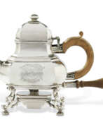 John Chartier. A QUEEN ANNE SILVER TEAPOT, STAND AND LAMP