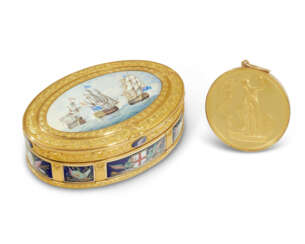 A GEORGE III ENAMELLED TWO-COLOUR GOLD FREEDOM BOX, A LARGE NAVAL GOLD MEDAL AND TWO DOCUMENTS