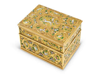 A GEORGE III GOLD AND ENAMEL TABLE-NECESSAIRE WITH WATCH MOVEMENT AND CONCEALED EROTIC SCENE