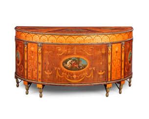 A GEORGE III ORMOLU-MOUNTED AND POLYCHROME-DECORATED SATINWOOD, HAREWOOD AND MARQUETRY SEMI-ELLIPTICAL COMMODE