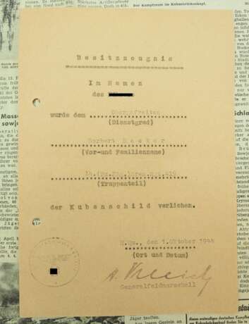 Kubanschild Urkunde für einen Obergefreiten der 14. (Pz.Jäg.)/ Grenadier Regiment 419. - Foto 2