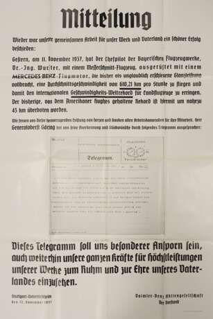 3. Reich: Aushang-Plakat Mercedes-Benz, Werk Stuttgart-Untertürkheim - Fluggeschwindigkeits-Weltrekord 1937. - Foto 1