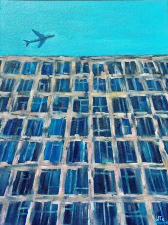 Полет над домом Toile sur carton Peinture à l'huile Art contemporain Paysage urbain Russie 2023 - photo 1