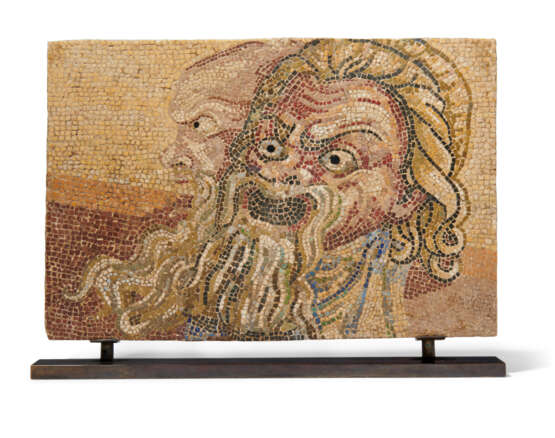 A ROMAN MARBLE AND GLASS MOSAIC PANEL WITH THEATRE MASKS - фото 1