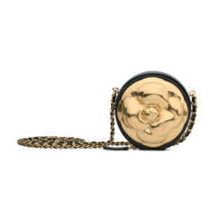 A BLACK QUITED LAMBSKIN LEATHER & GOLD METAL CAMELLIA CHAIN CLUTCH WITH GOLD HARDWARE