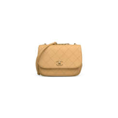 A BEIGE QUILTED CALFSKIN LEATHER FLAP BAG WITH GOLD HARDWARE
