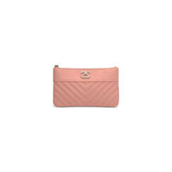 A PINK CAVIAR LEATHER CHEVRON POUCH WITH SILVER HARDWARE