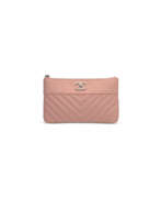 Chanel Leather. A PINK CAVIAR LEATHER CHEVRON POUCH WITH SILVER HARDWARE