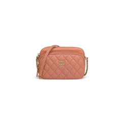 A PINK QUILTED CALFSKIN LEATHER ZIP BAG WITH GOLD HARDWARE