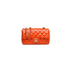 A CORAL PATENT LEATHER MINI CLASSIC FLAP BAG WITH SILVER HARDWARE