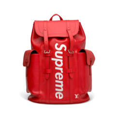 A LIMITED EDITION RED & WHITE EPI LEATHER CHRISTOPHER BACKPACK WITH SILVER HARDWARE BY SUPREME