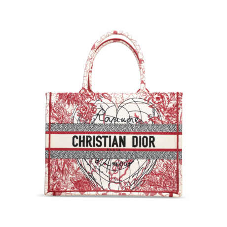 WHITE & RED MEDIUM D-ROYAUME D'AMOUR EMBROIDERED CANVAS BOOK TOTE - photo 1