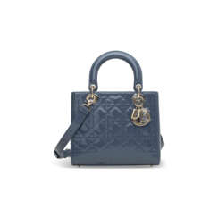 A BLUE QUILTED PATENT LEATHER MEDIUM LADY DIOR WITH LIGHT GOLD HARDWARE