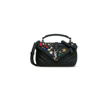 A BLACK CALFSKIN LEATHER CRYSTAL STUD FLAP BAG WITH SILVER HARDWARE - фото 1