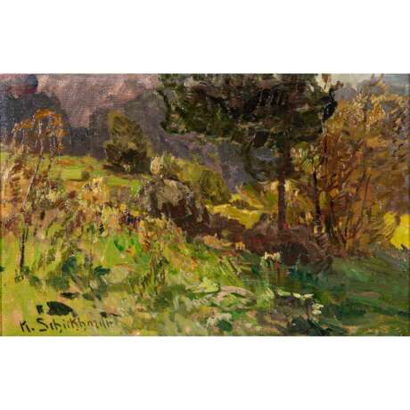 SCHICKHARDT, KARL (1866-1933), "Meadow with bushes in front of forest edge", - photo 1