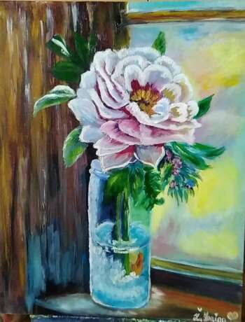 "Цветок на окне " Масло на холсте на подрамнике Масляная живопись Реализм Даугавпилс 2022 г. - фото 1