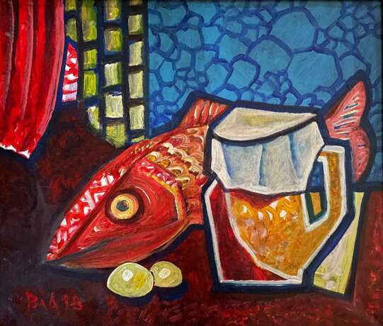 Still life jug and fish acrilic on canvas Смешанная техника на холсте avangard Беларусь 2018 г. - фото 1