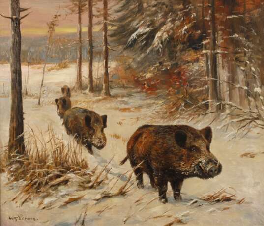 Willy Lorenz, Wildschweinrotte im Winterwald - Foto 1