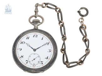 Taschenuhr: seltene Schweizer Schul-Uhr mit Niello-Gehäuse und Originalkette, Uhrmacherschule Fleurier, Pierre Fabbri 1926-1929