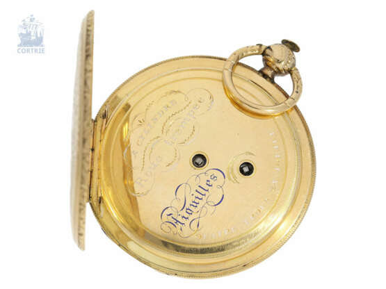 Taschenuhr: frühe, goldene Prunksavonnette mit sehr aufwändig graviertem Gehäuse, 18K Gold, Frankreich ca. 1830 - фото 4