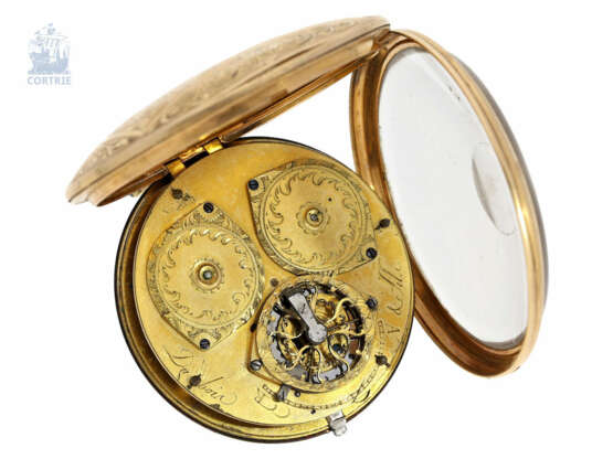 Taschenuhr: hochfeine, große goldene Spindeluhr mit Datumsfunktion und seltener gravierter Szene, Dubois et Fils No.8365, ca.1780 - photo 3